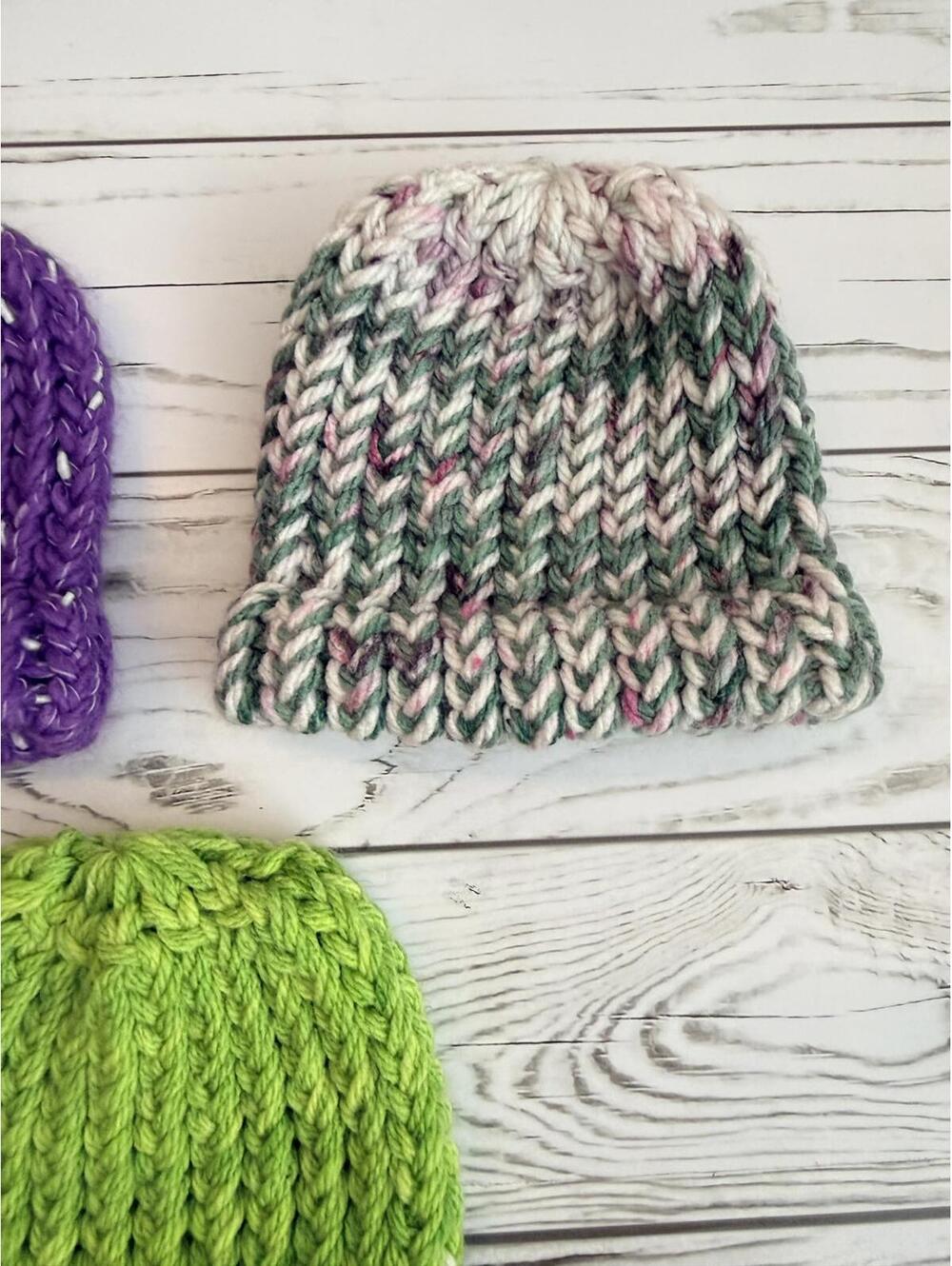 Hand Knit Baby Beanie Hats Lot of 3 Purple Green Multicolor Winter Infant - Picture 3 of 11